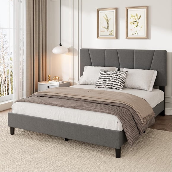 Queen Size Bed Frame with Adjustable Headboard, Linen Upholstered Queen Platform Bedframe with Strong Wooden Slats, Mattress Foundation, No Box Spring Needed, Easy Assembly