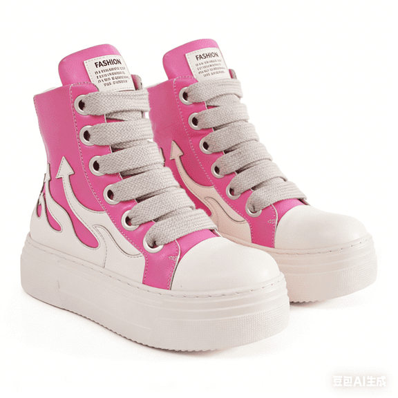 Unisex Pink Flame Print Casual Sneakers Round Toe Chunky Thick Sole Thick Laces Shoes for Men Women
