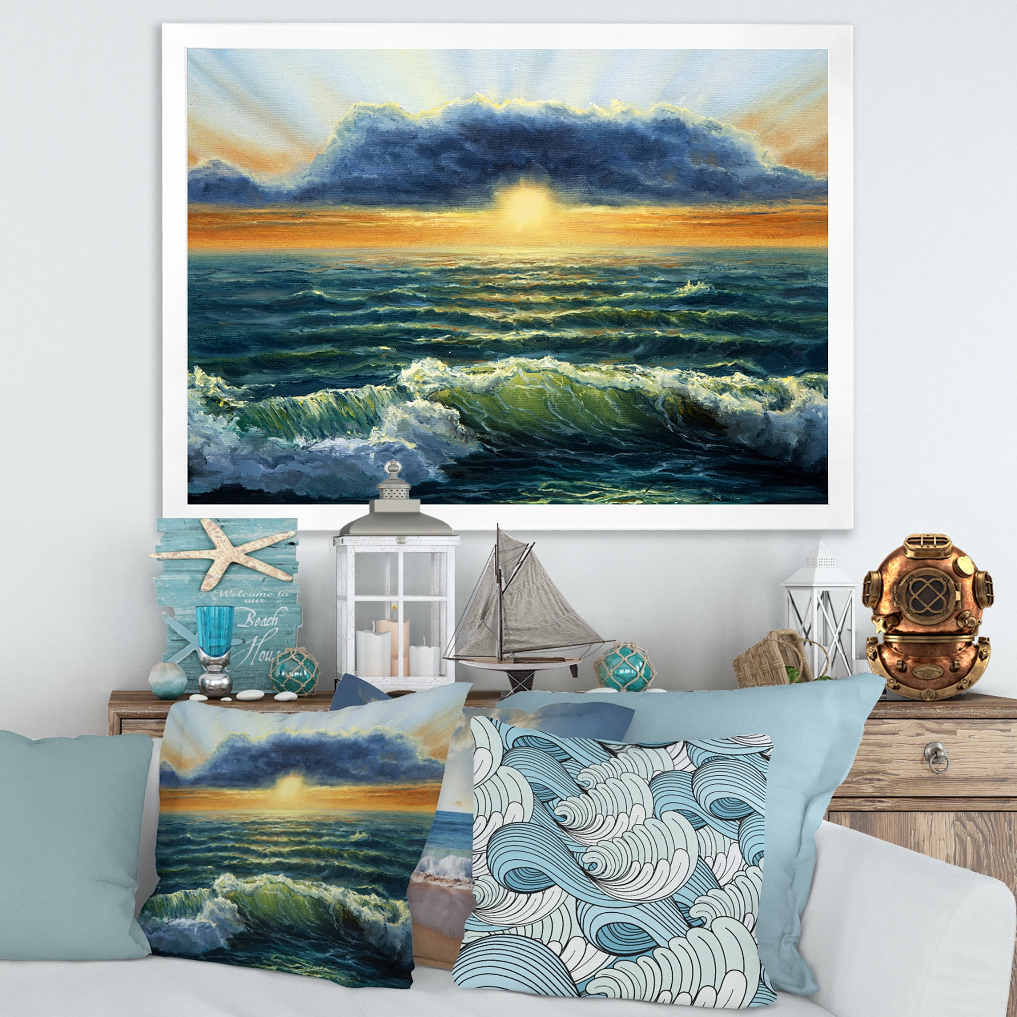 Designart 'The Blue Ocean In Sunset Evening I' Nautical & Coastal Framed Art Print