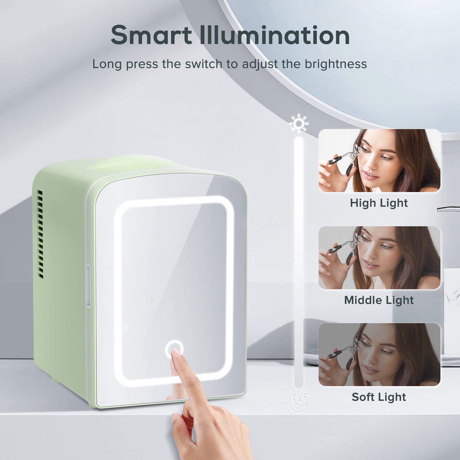 Auseo Mini Personal Fridge Cooler, LED Lighted Mirror, 4L Capacity Portable, Makeup and Skincare - AC/DC Refrigerator, Car, Office Desk & Dorm - Chills 6 Cans, GREEN
