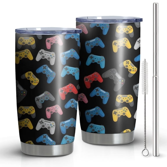 20oz Tumblers Multicolor Controllers Games Icons Black Pattern Stainless Steel Vacuum Insulated Double Wall Travel Tumbler Cups Mug with Lid and Straw,Cleaning Brush for Cold & Hot Drinks