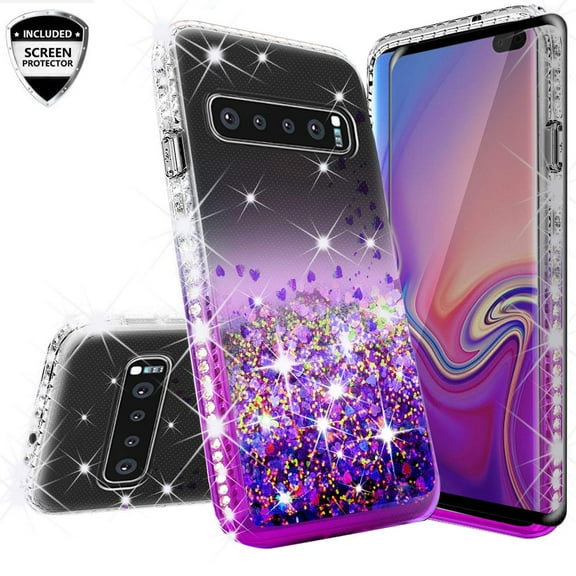 Cute Glitter Liquid Quicksand Case for Samsung Galaxy S10 w/[TPU Screen Protector] Waterfall Floating Bling Shock Proof Cover Diamond Girls Women For Galaxy S10 Case - Clear/Purple