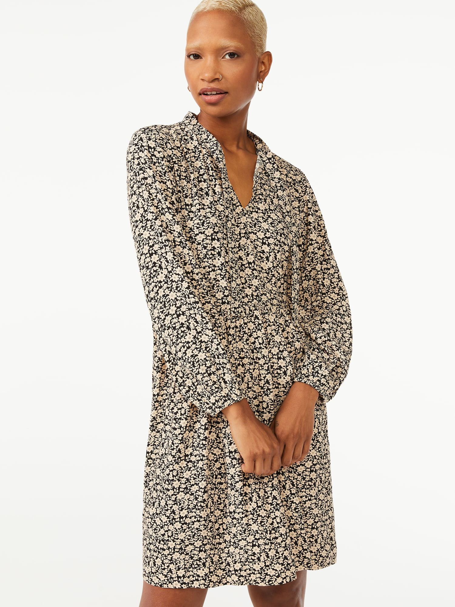 Free Assembly Women's Tie Neck Swing Dress with Long Sleeves