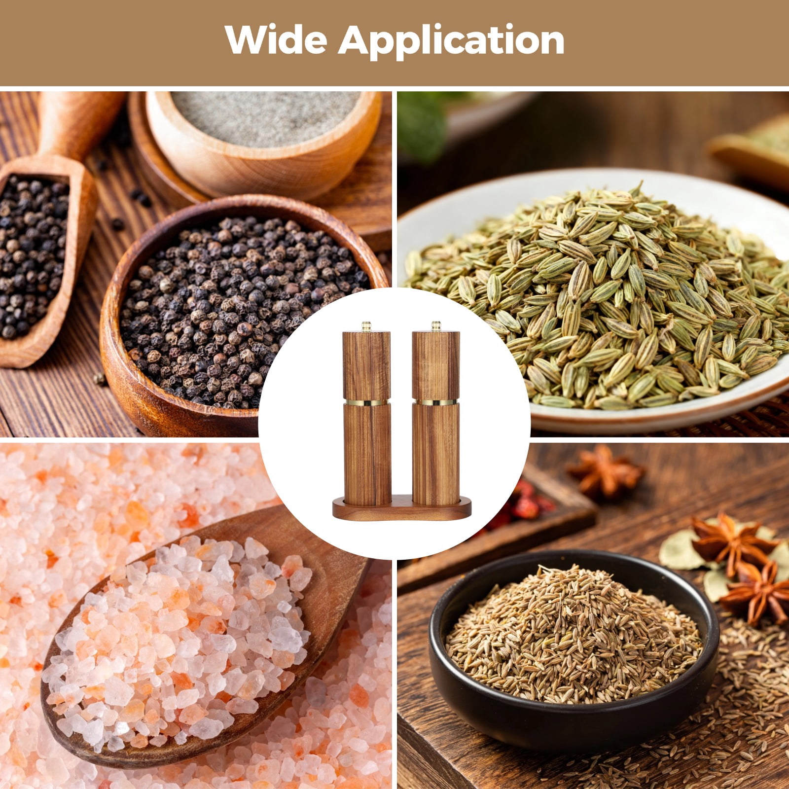 Wooden Salt and Pepper Grinder Set, Adjustable Manual Pepper Mill and Salt Grinder with Wood Tray, Refillable Natural Wood Seasoning Mills for Kitchen Dining Table