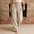 thumbnail image 2 of Domzest Striped Pants for Women Drawstring Elastic High Waist Wide Leg Linen Blend Trousers Casual Comfy Palazzo Pants with Pockets Light Brown XL, 2 of 5