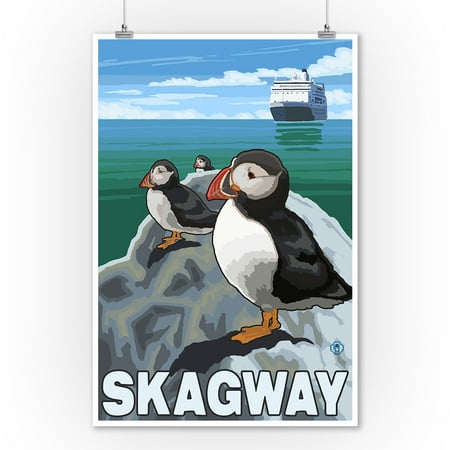 Puffins & Cruise Ship - Skagway, Alaska - LP Original Poster (9x12 Art Print, Wall Decor Travel