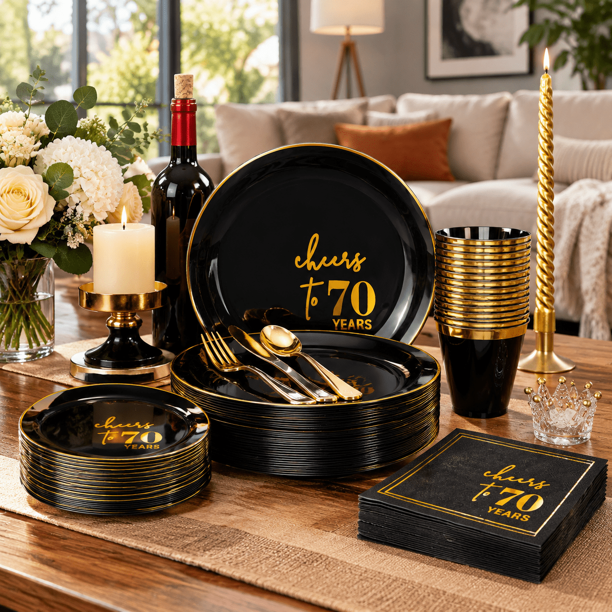 70 Years Black Plastic Disposable Party Plates and Dinnerware Set for ...