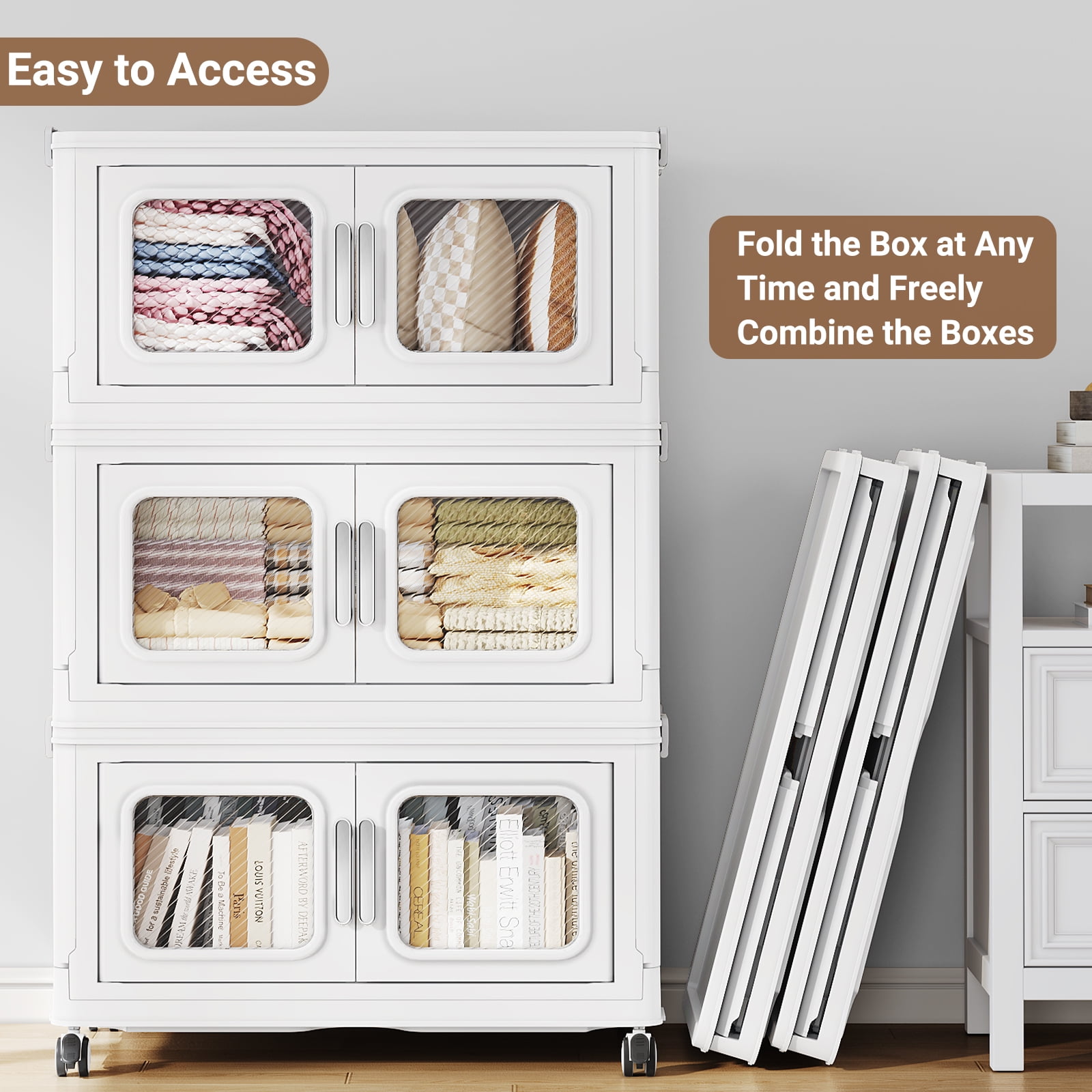 360 Qt Extra Large Stackable Storage Bins with Lid, 90Gal Collapsible Closet Organizer and Storage Drawers with Wheels, Plastic Storage Box for Closet Clothes Organization,White
