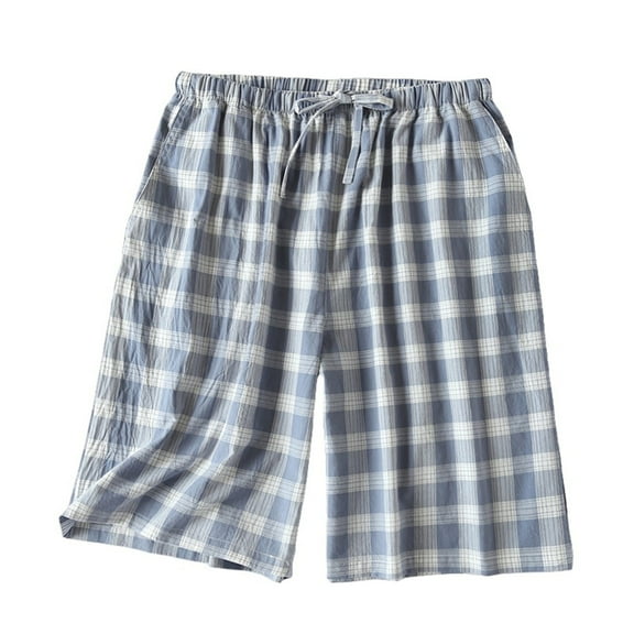 SNOWSONG Men's Loose Fit Tartan Plaid Boxer Underwear Shorts Sleep Short Cotton Breathable Plus Size Homewear Pajamas Pants Leisure Outwear, 1PC Short Blue L