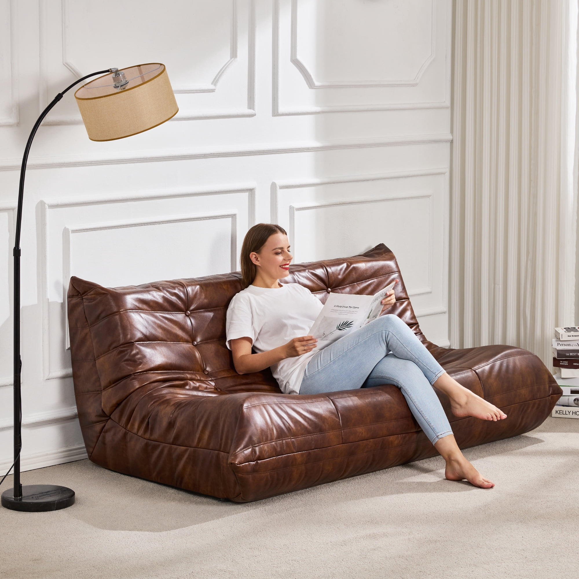 Hobestluk Bean Bag Chair Giant Bean Bag Sofa 3 Seater Bean Bag Chairs for Adults, Loveseat Floor Chair, Leather Bean Bag Chairs for Living Room Bedroom Office (Brown, 3-Seater)