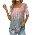 thumbnail image 2 of up to 60% off Gifts Usmixi Shirts for Women Fashion Loose Fit Lace Patchwork Pleated Hem Tunic Tops Summer Trendy Floral Short Sleeve Square Neck Ladies Blouses Pink XXL, 2 of 5