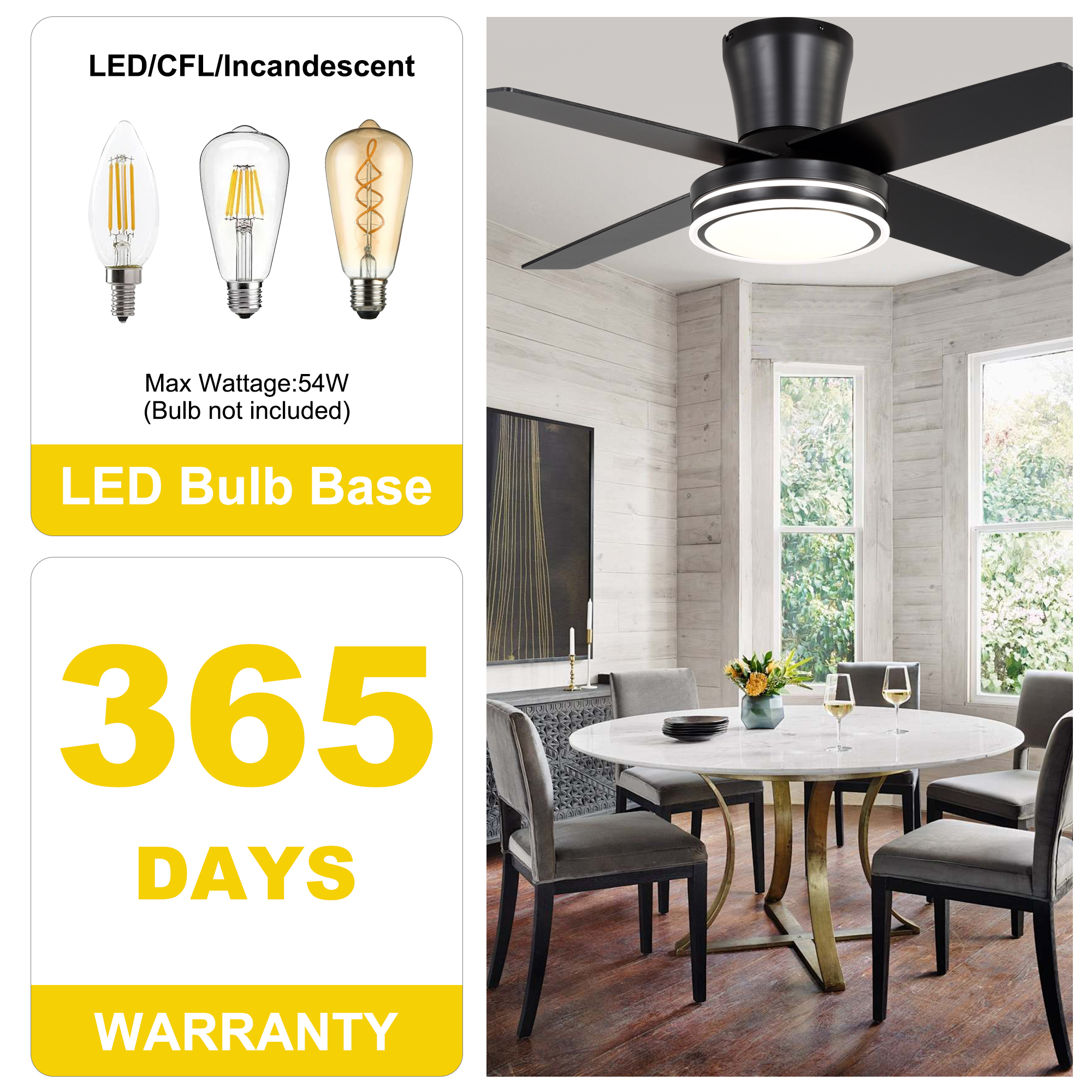 Chords Attic 44" Flush Mount Ceiling Fan with LED Light and Remote Control, 6-Speed DC Motor, 3 Color Temperatures, Reversible for Bedroom, Living Room and Dining Room