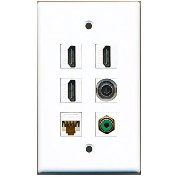 RiteAV - 3 HDMI 1 Port RCA Green 1 Port 3.5mm 1 Port Cat6 Ethernet White Wall Plate