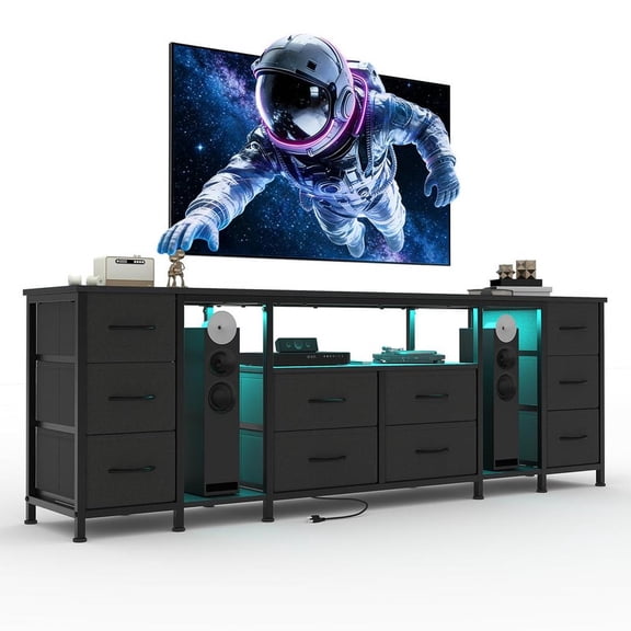 TV Stand with 10 Drawers and Power Outlets, 70 Inch Entertainment Center for 75 70 65 Inch TV, Media Console Table with Fabric Drawers and Open Shelves, Living Room Dresser, Black