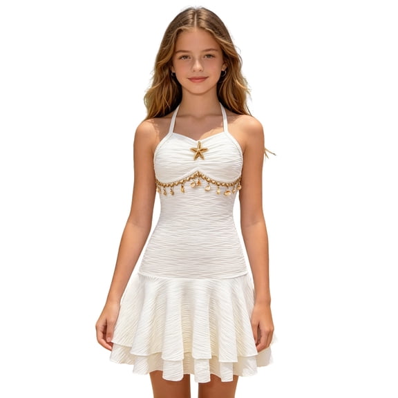 ZXLBBD Girls' Summer Beach Dress for Girl Sleeveless Halter Neck Cake Dress with Embellishments Casual Kids Outfit Clothes Sets,White,Size 15 Y-16 Y