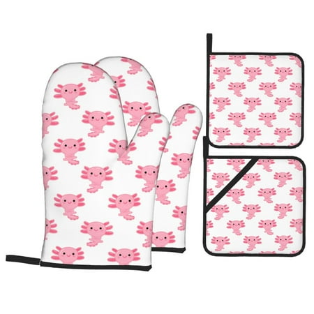 

Oven Mitts and Pot Holders 4 Piece Cute Axolotl pink High Heat Slip Resistant Oven Mitt and Trivets Set Kitchen Oven Glove Pot Holders for Cooking Baking Grilling