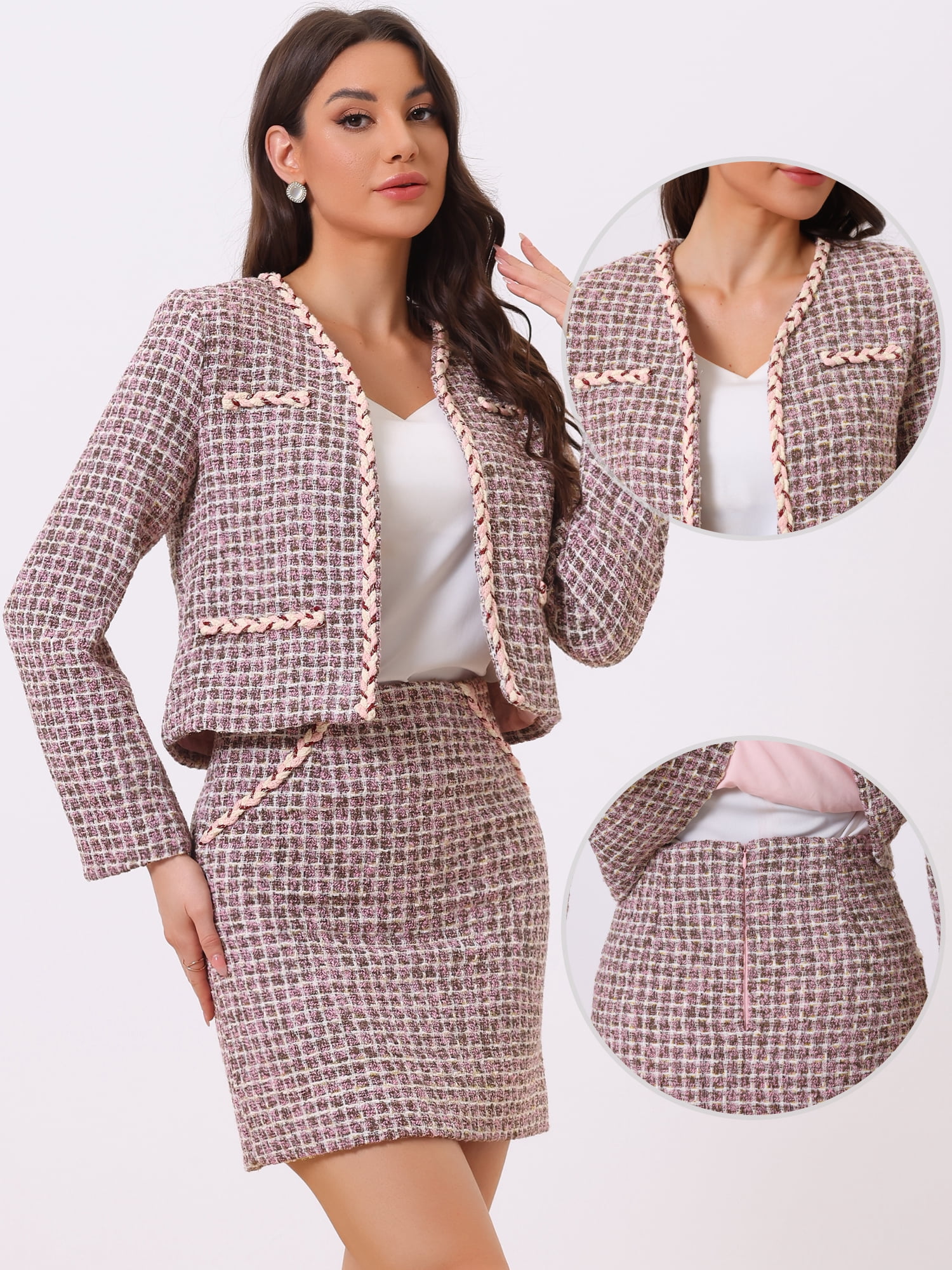DARING DIVA 2Pcs Women's Business Blazer Mini Tweed Plaid Skirt Set XL Pink Purple