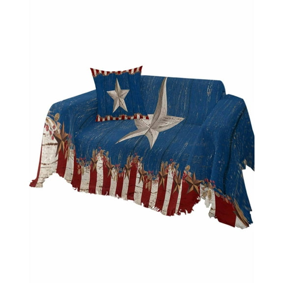 Rustic Stars Country Sofa Couch Covers for Dog,Washable Sectional Couch Slipcovers for Loveseat with Tassels,Red Blue Berry Farmhouse Wood Non Slip Sofa Throw Cover Blanket Large 71''x102''