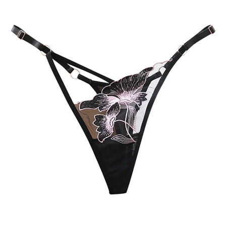 YYDGH G-String Thongs for Women Lace Embroidery Panties Sheer Mesh Adjustable Tie Underwear Black
