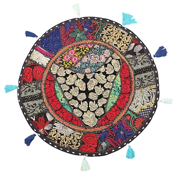 Stylo Culture Indian Round Outdoor Floor Cushion Vintage Patchwork Cover Black Big 22" Floor Pillow Case Decorative Decor Seating Tuffet Seat Pouf Cover Footstool Cotton Embroidered 1 Pc