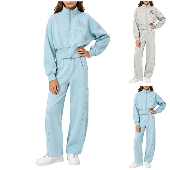 Auroural 10-12 Girls Clothes Sets Children's Stand Up Collar Zipper Hoodie and Pants Set Girls' Letter Printed Large Pocket Top Elastic Waist Casual Two Piece Set