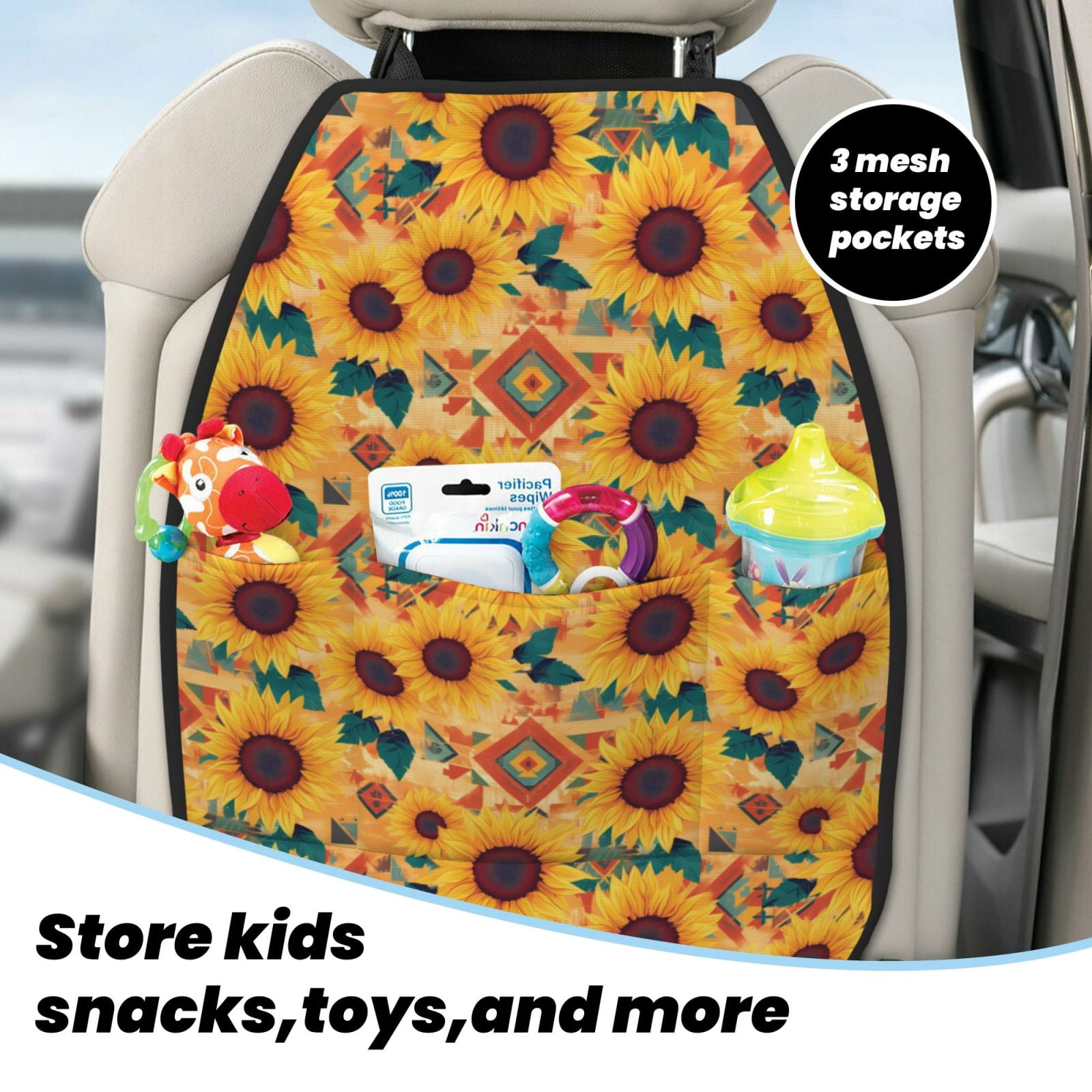 Xecao Bohemian Sunflower Pattern Car Seat Back Protector 2 Pack Large Capacity Pocket, Kick Mats Back Seat Protector