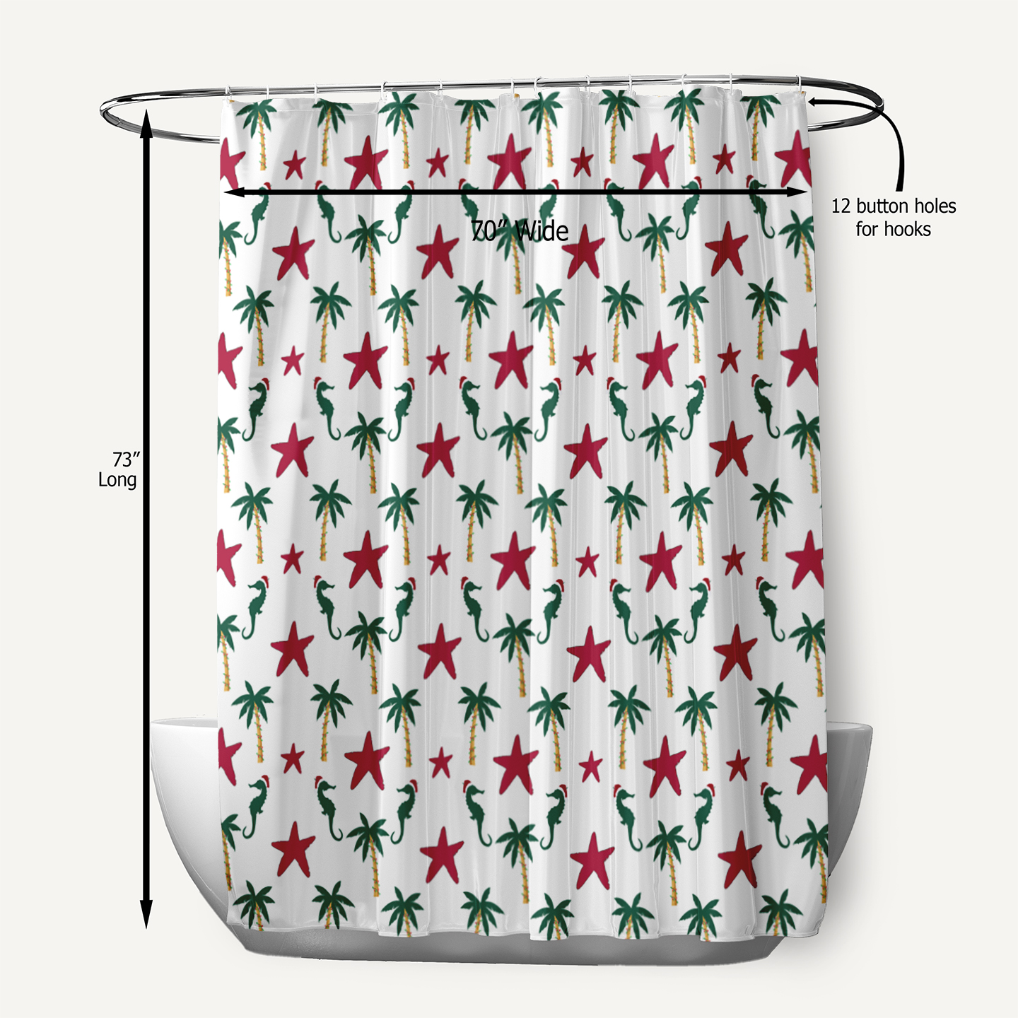 Simply Daisy 70" W x 73" L Christmas Beach Pattern Polyester Shower Curtain, Christmas Pink [1 Ct]