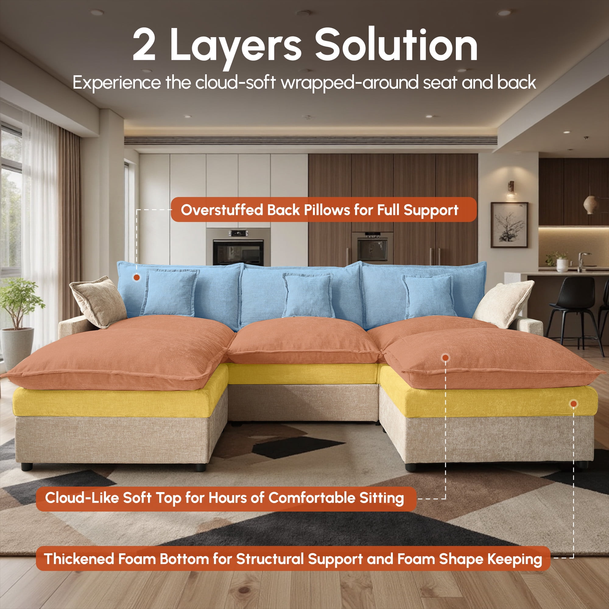 Ovios 108" Modular Sectional Sofa U-Shaped Cloud Couch with 2 Ottomans, Comfy Living Room Furniture, Chenille, Camel