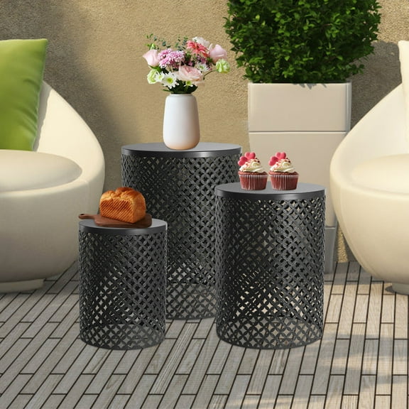 3pcs Black Modern Metal Cylindrical Frame Accent Table for Gardens, Balconies, Bedrooms, Living Rooms