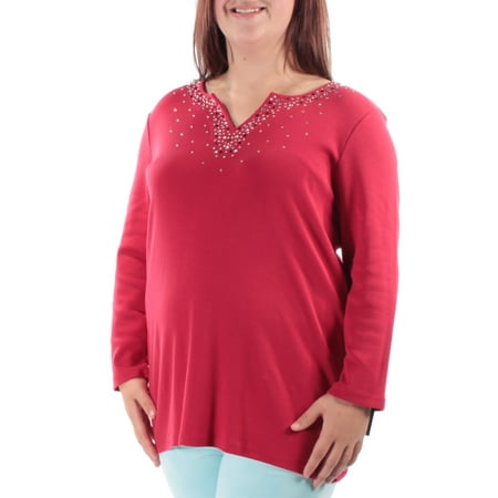 Beaded Long Sleeve Top - STYLE & COMPANY Womens Red Beaded Long Sleeve V Neck Tunic Top Size: L
