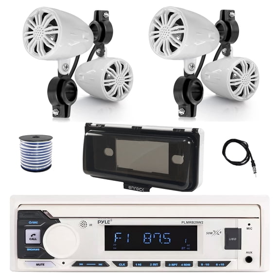 Pyle PLMRB29W2 Single DIN Marine Bluetooth MP3 Stereo Receiver, Cover, 22" Radio Antenna, Wire, 4x 2.25" 10W Max Full Range Waterproof Off-Road Audio Speakers (White)