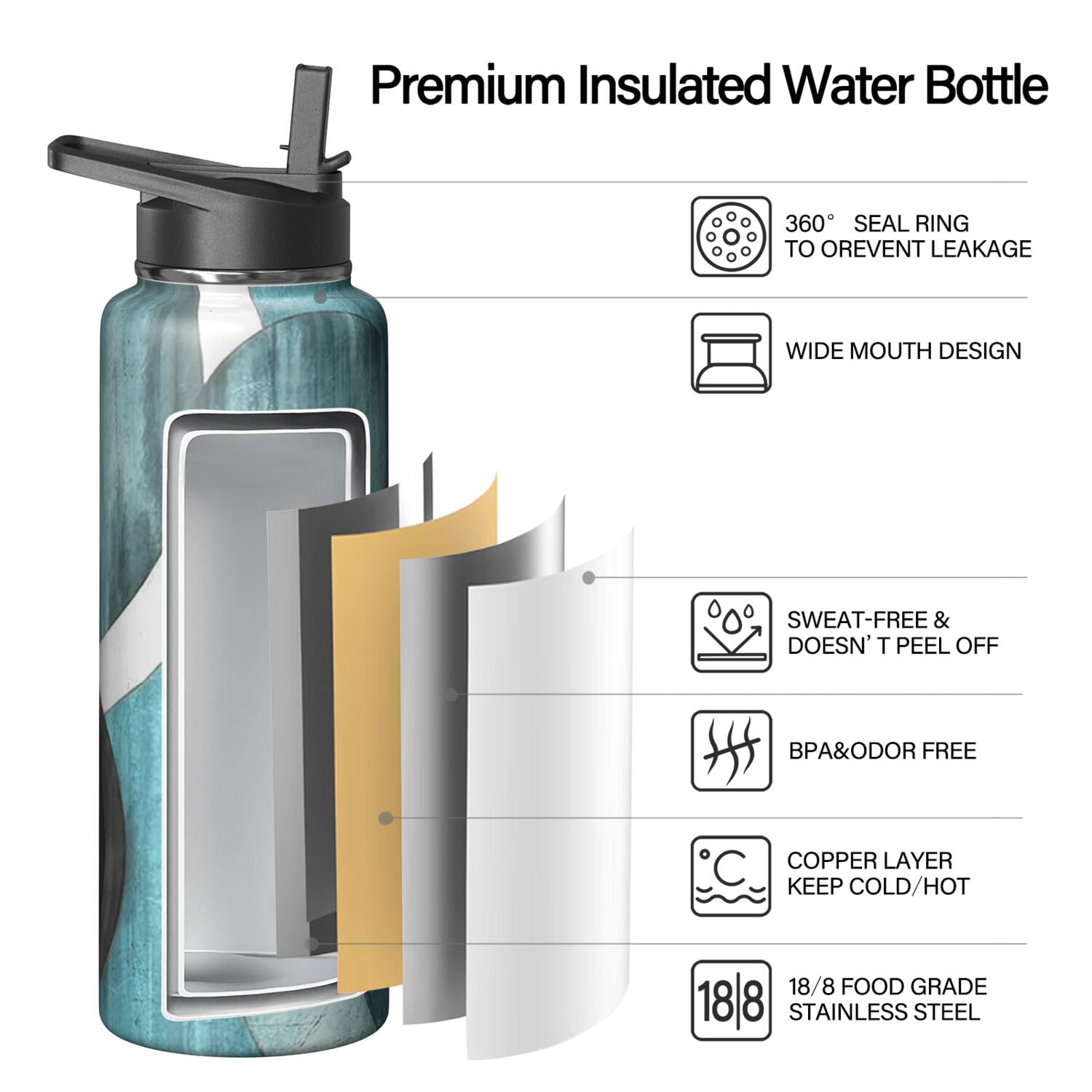 40oz Sports Water Bottle Bohemian Boho Themed Design Triple Walled Insulated Stainless Steel With Straw Leak Proof for Travel Gym