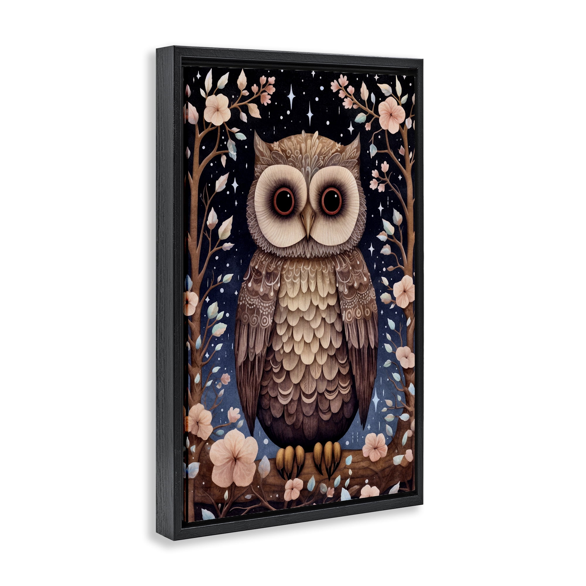 Stupell Industries Woodland Pattern Owl Animals & Insects Painting Black Floater Framed Art Print Wall Art, 17 x 25