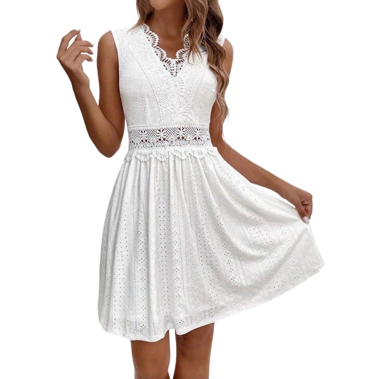 Bnwani Sleeveless Dresses,Womens Dresses,Color Block,V-Neck,Fitted Waist,Knee Length,White,S