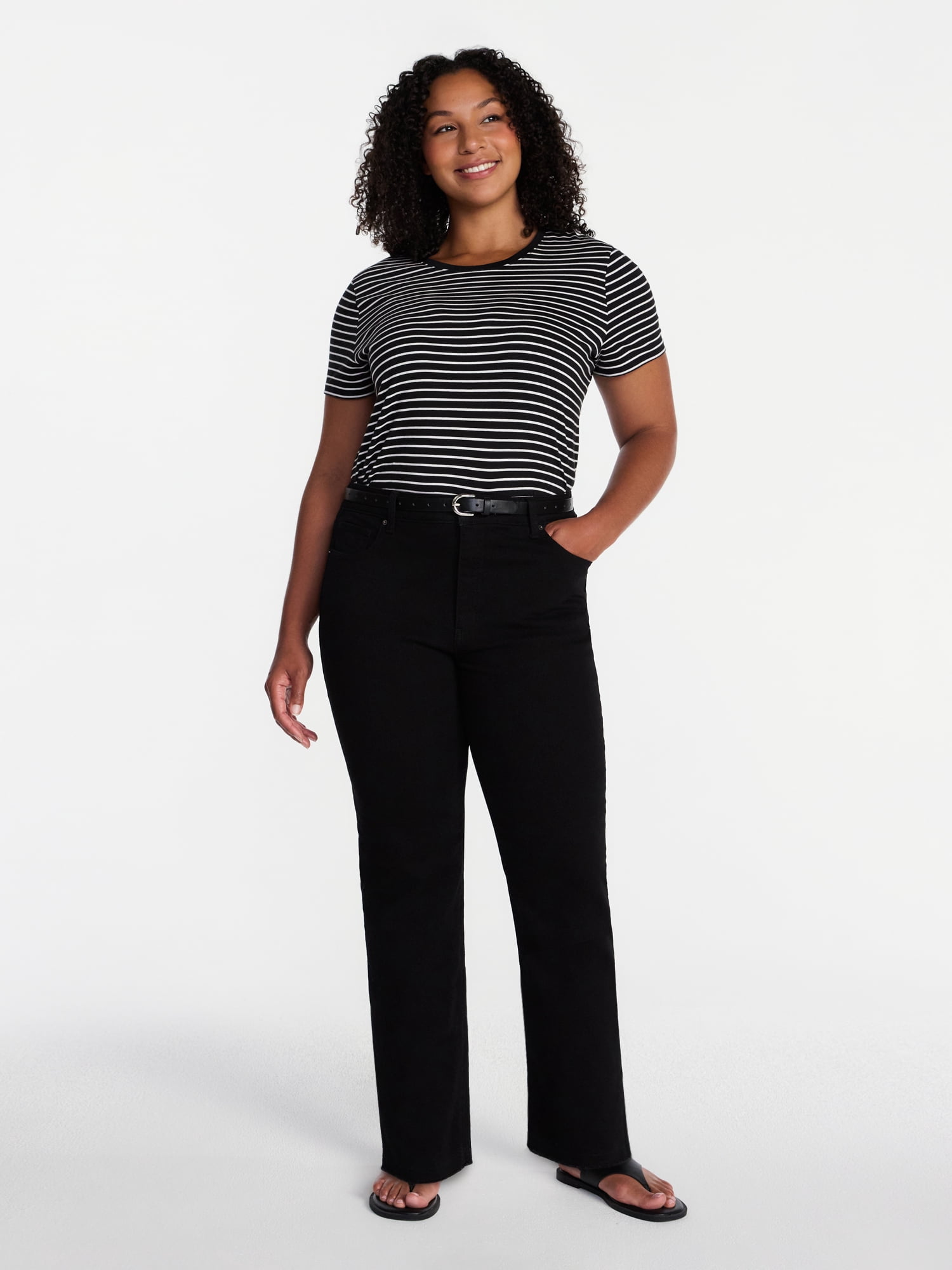 Time and Tru Women's High Rise Straight Leg Jeans with Raw Hem, 27.5” Inseam, Sizes 0-22