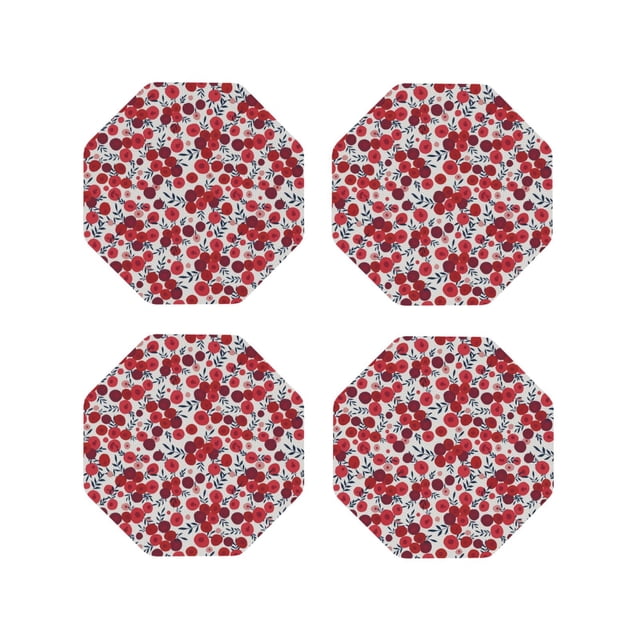 Vsdgher Red Hawthorn Print Leather Coasters for Drinks, Durable Drink Coasters 4 Set for Tabletop Protection, Luxurious Home Décor and Housewarming Gift-Octagon