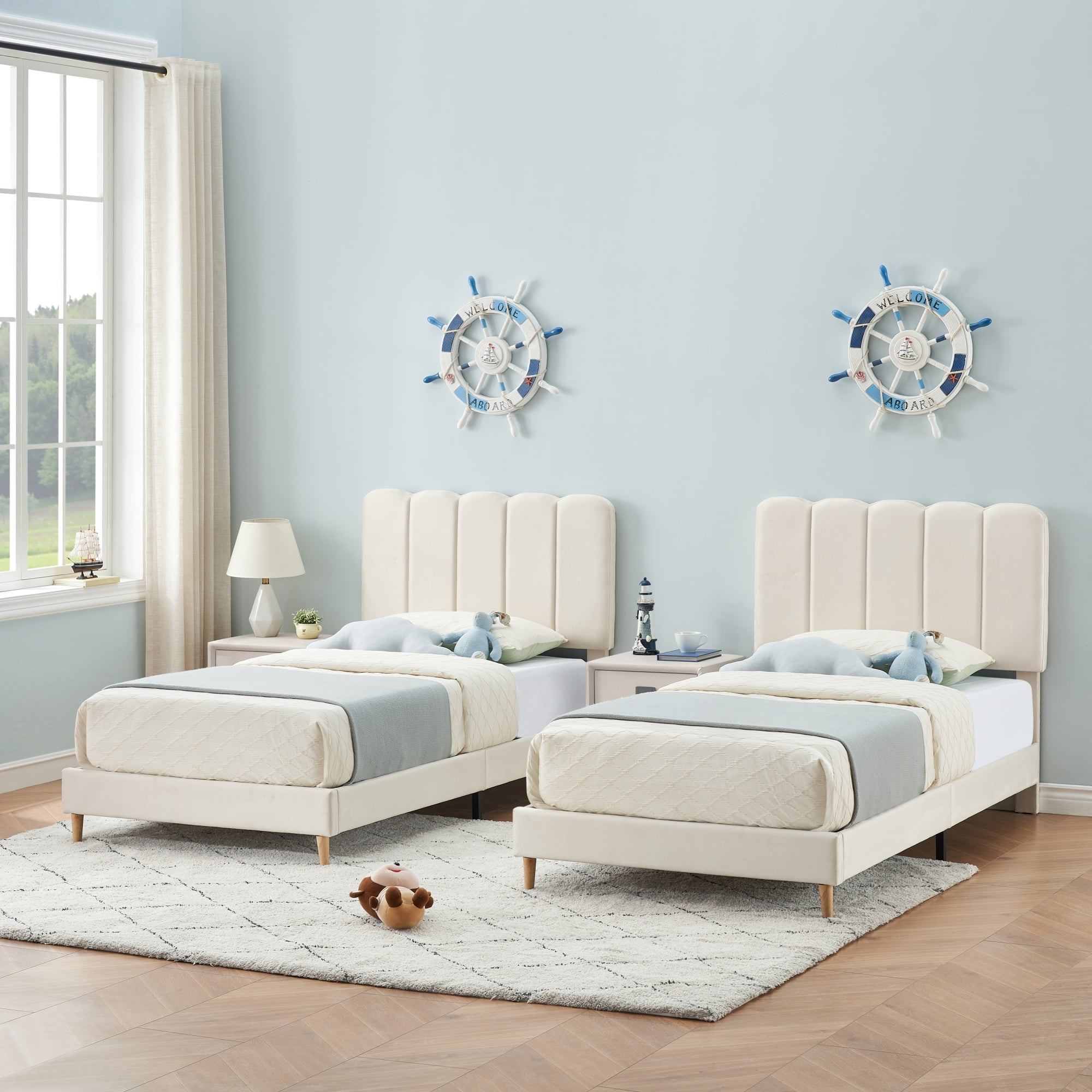 IDEALHOUSE White Twin Bed Frame for Boys & Girls, Velvet Upholstered Platform Bed Frame with Headboard, Strong Wooden Slats, Noise-Free,No Box Spring Needed, Easy Assembly