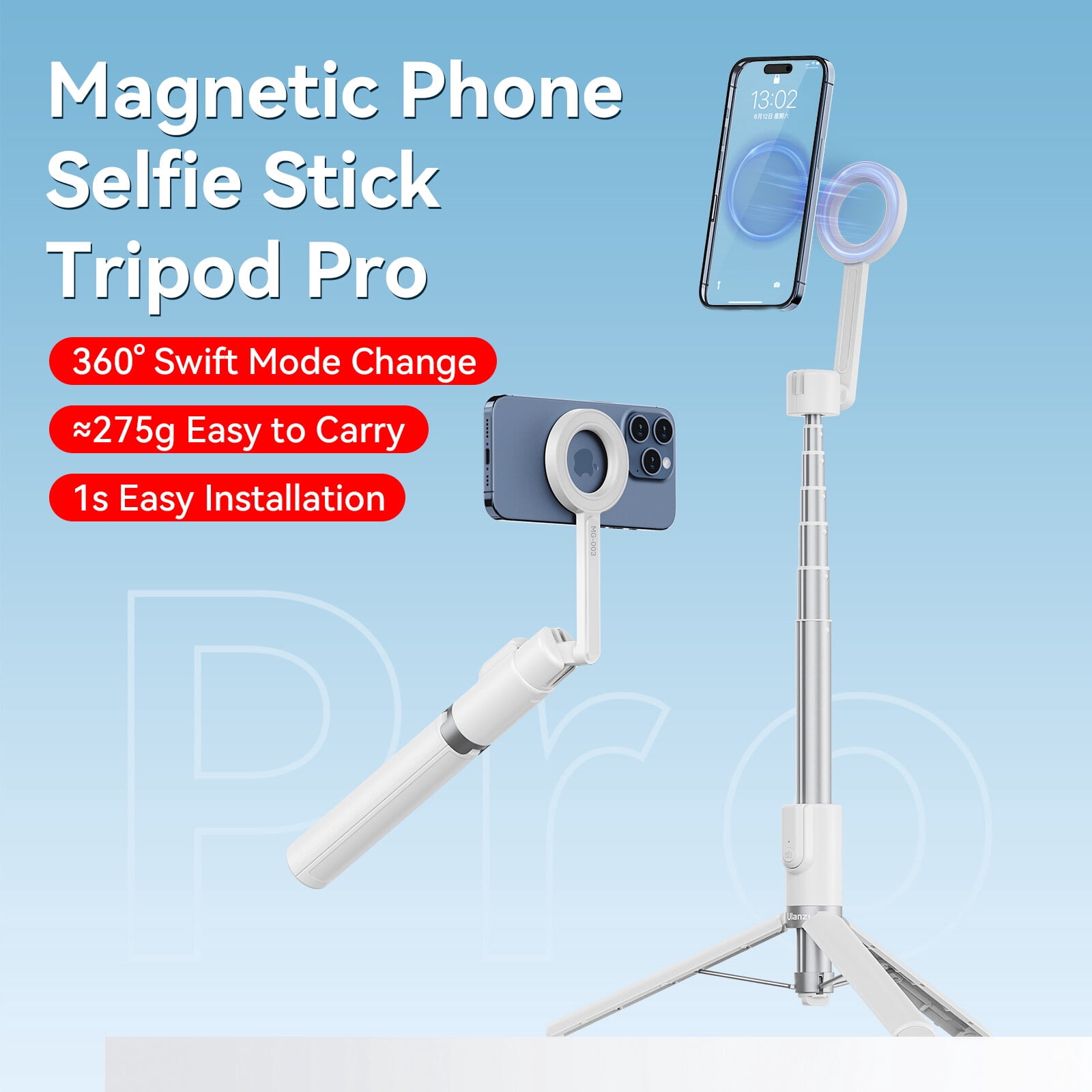 Ulanzi MG-003 Magnetic Phone Selfie Stick Tripod Pro with Bluetooth Remote, 360° Rotating Extendable Stand for Smartphones, MagSafe Compatible, Portable for Vlogging & Live Streaming