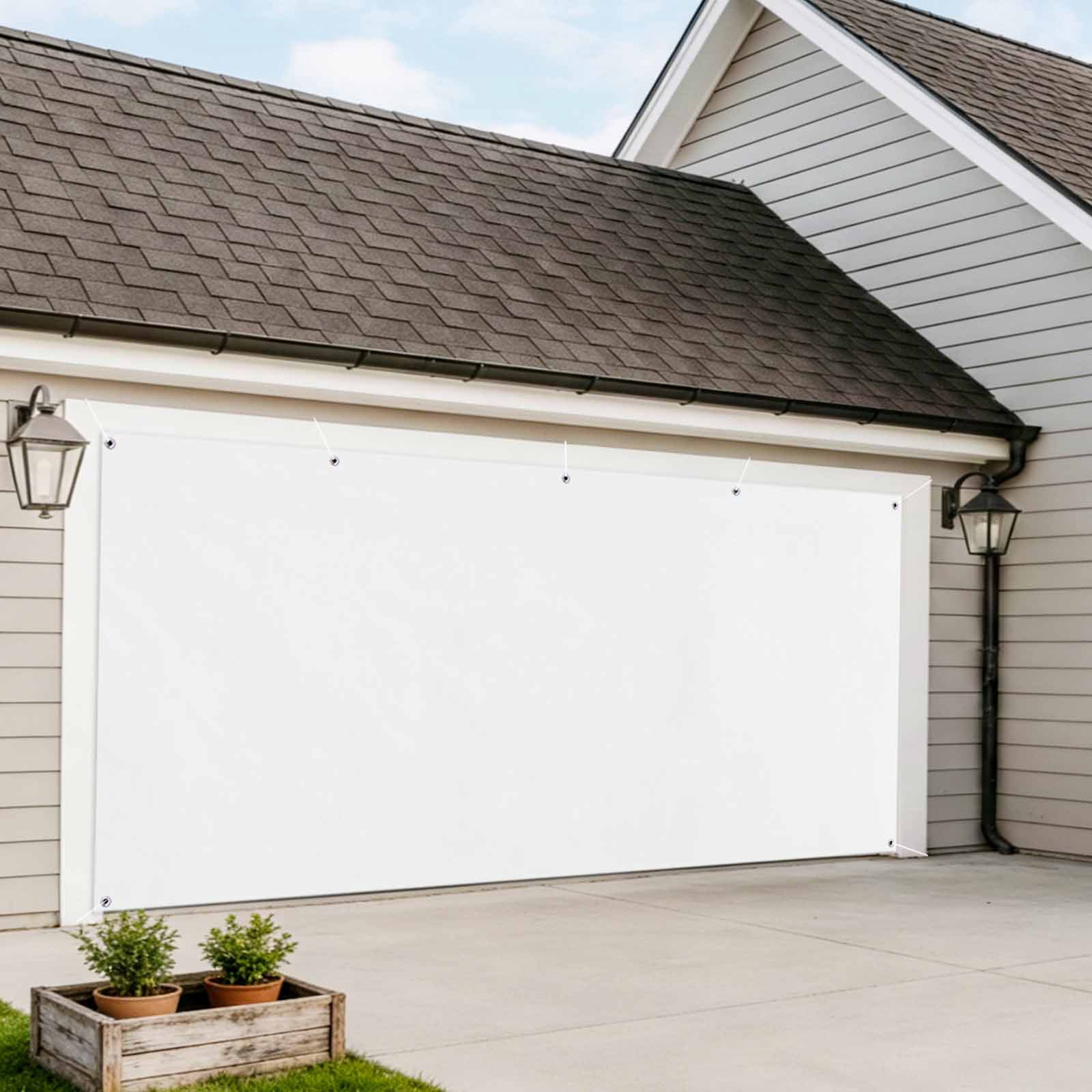 White Garage Door Cover Banner 7 x 8 FT, Modern Minimalist Pure Soild Color Garage Door Curtains Backdrop with Grommets for Indoor Outdoor Wall Party Porch Yard Decorations Background