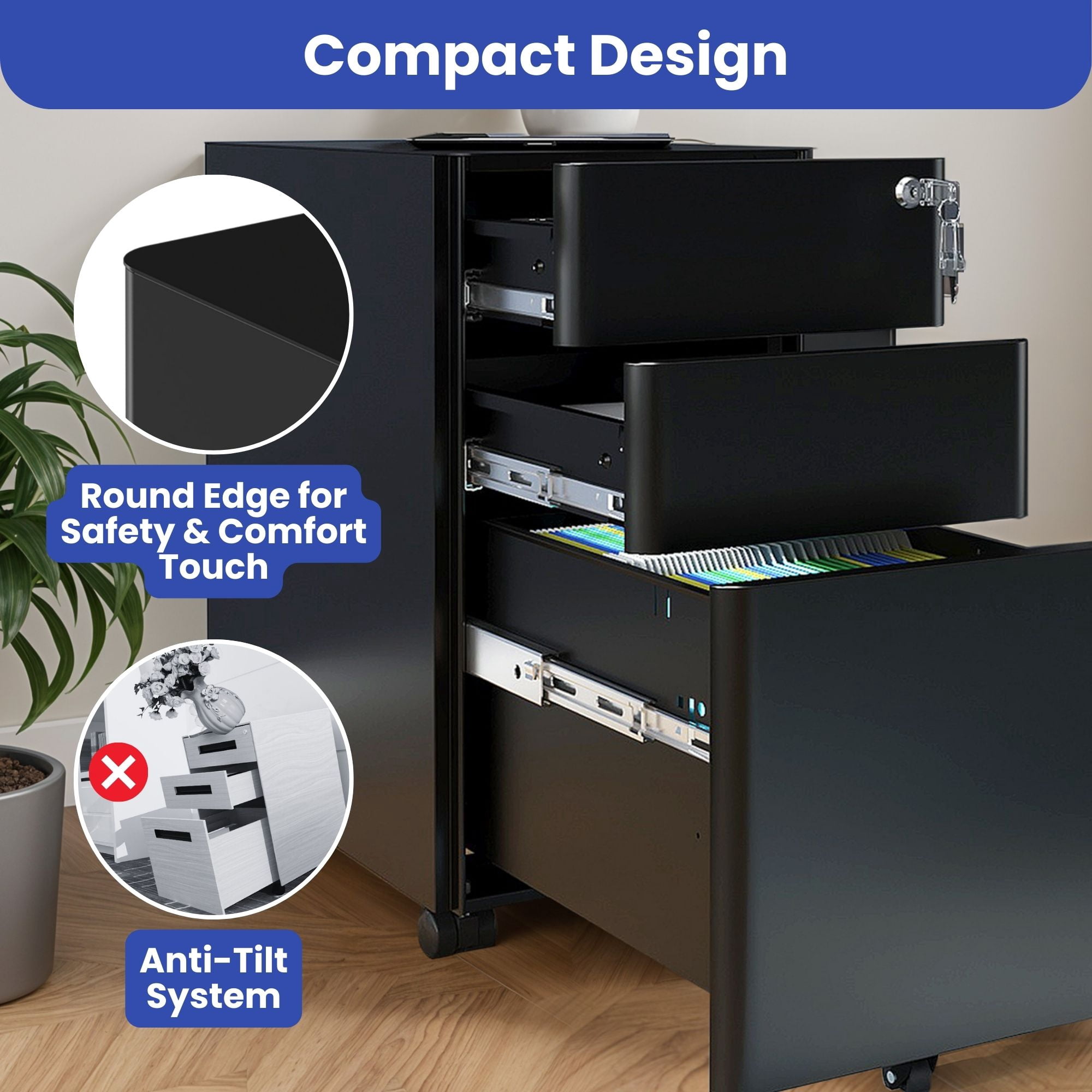 Wooflex Slim 3-Drawer Lockable File Cabinet for Home and Office – Mobile Steel Storage with Anti-Tipping Design, Caster Wheels, Durable Black Finish, Compact Document Organizer