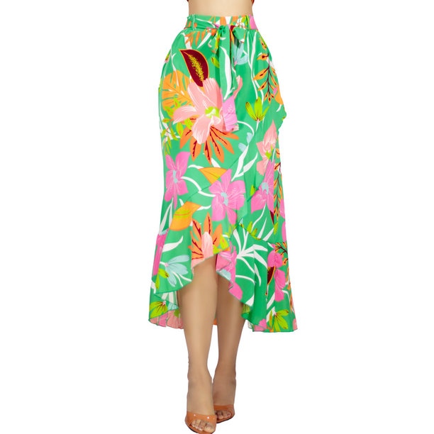 Falda Corte de Sirena con Volantes Elegante o Casual Color Verde Malabis Cintura Alta Unitalla