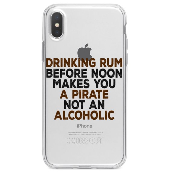 DistinctInk Clear Shockproof Hybrid Case for iPhone XR (6.1" Screen) - TPU Bumper Acrylic Back Tempered Glass Screen Protector - Drinking Rum Before Noon Makes You A Pirate