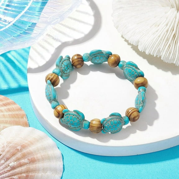 Beach Turtle Dyed Turquoise Stretch Bracelets Summer Wood Beaded Kid Bracelets for Girls Turquoise