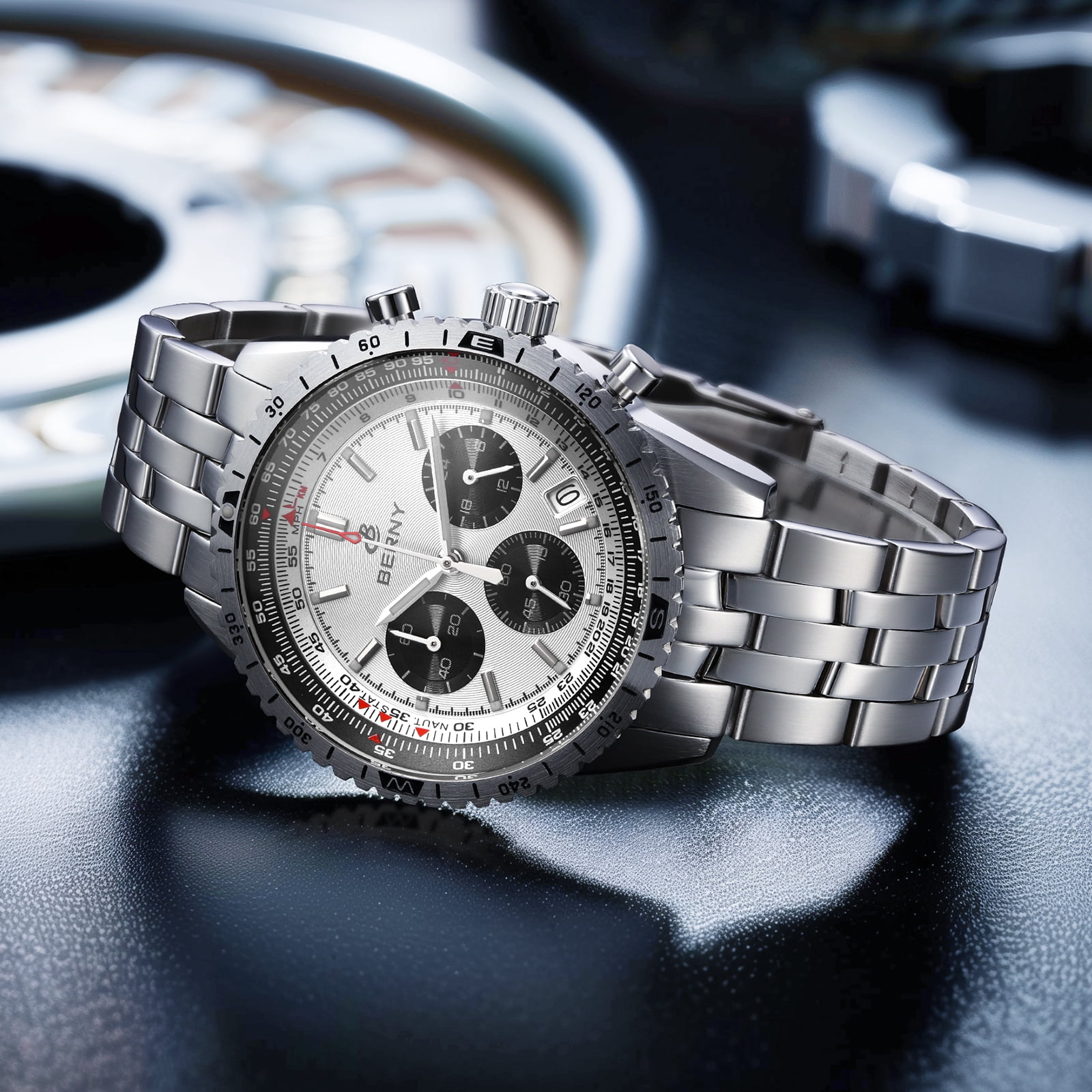 BERNY Silver Chronograph Watches for Men, Sport Luxury Analog Quartz Watch with Tachymeter, Stainless Steel, Waterproof, Luminous, Sapphire Crystal, Date Calender, Men's Wristwatch (White)