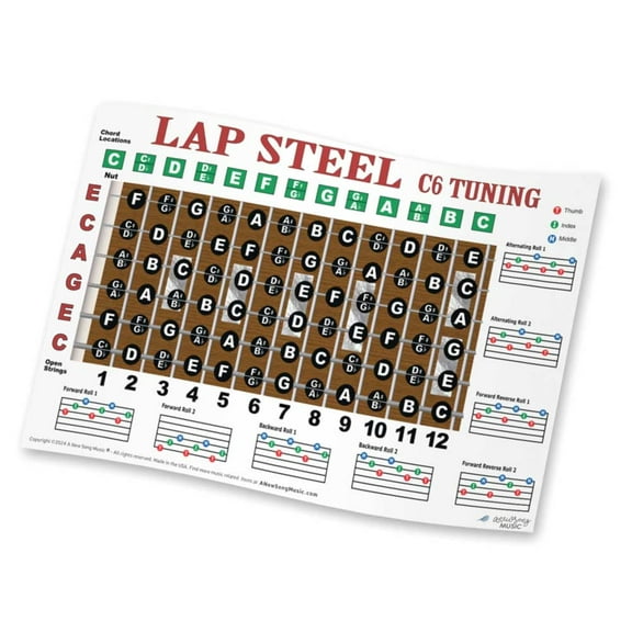 Lap Steel C6 Tuning Guitar Fretboard Note & Rolls Chart - Beginners & Intermediate Instructional Easy Poster Chords A New Song Music 11"x17"
