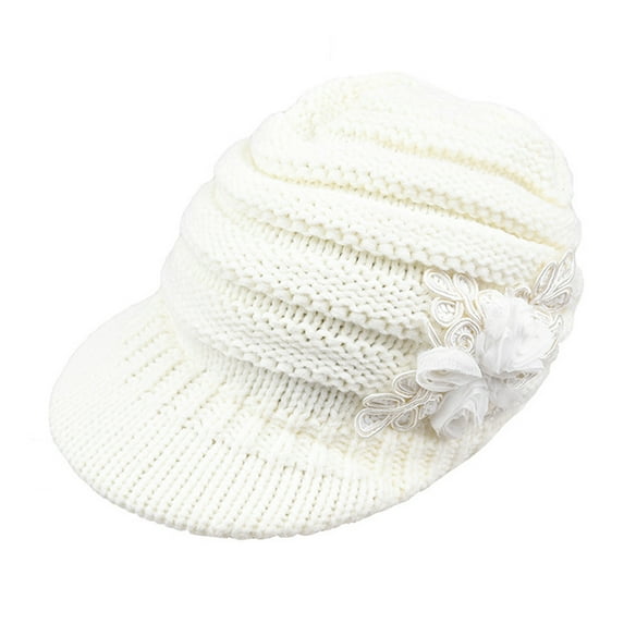 Mightlink Wide Brim Earflap Solid Color Knitted Cap Women Winter Sequins Flower Decor Beret Hat