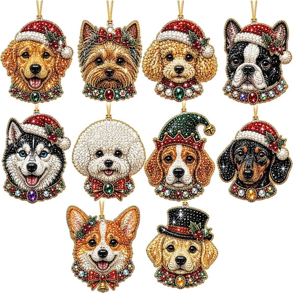 Pearl Diamond Art Christmas Ornaments Set of 10 Dog-Themed Hanging Decorations, Diy Craft Kit for Dog Lovers