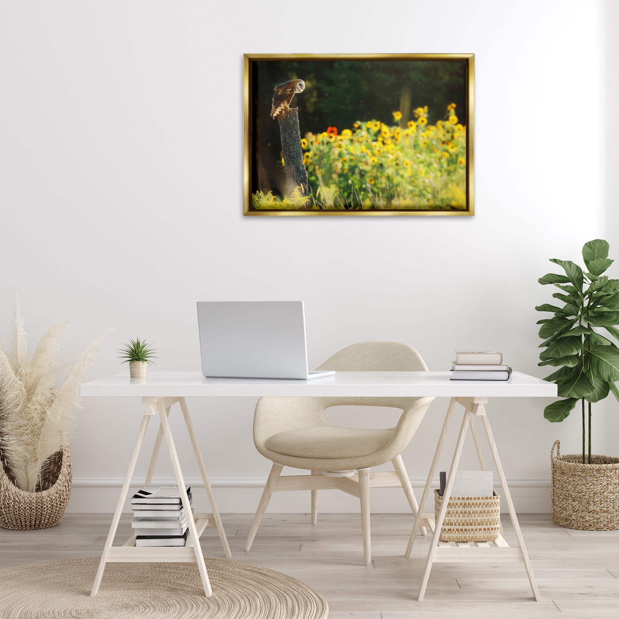 Stupell Industries Owl Perched in Meadow Landscape Photography Gold Floater Framed Canvas Art Print Wall Art, 31 x 21