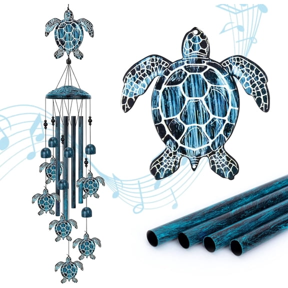 Large Sea Turtle Wind Chimes for Outside with 4 Aluminum Tubes, Unique Sea Animal Outdoor Windchimes for Home Garden Lawn Porch Patio Yard Decor, Memorial Birthday Festival Gifts for Mom Grandma