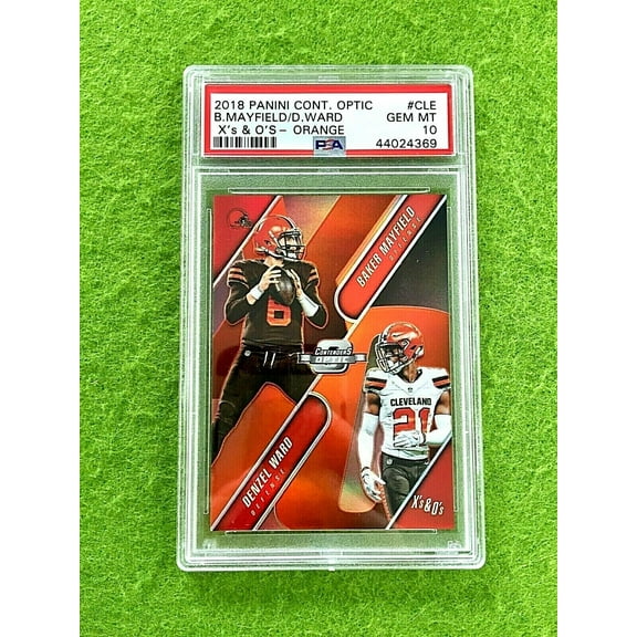 BAKER MAYFIELD ORANGE PRIZM PSA 10 ROOKIE CARD DENZEL WARD 2018 Optic #/49 POP 3